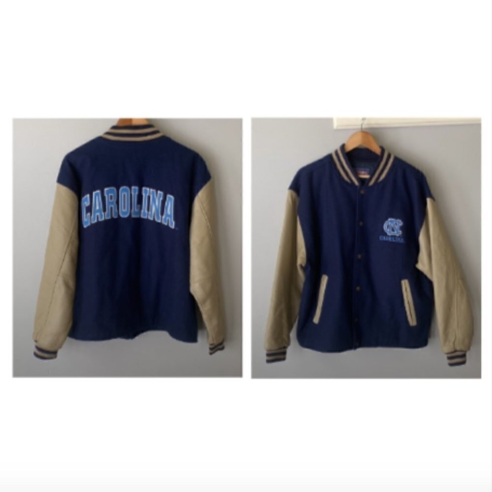 Vintage Oversized Leather Wool Bomber Jacket Champs Varsity Carolina Tar Heels